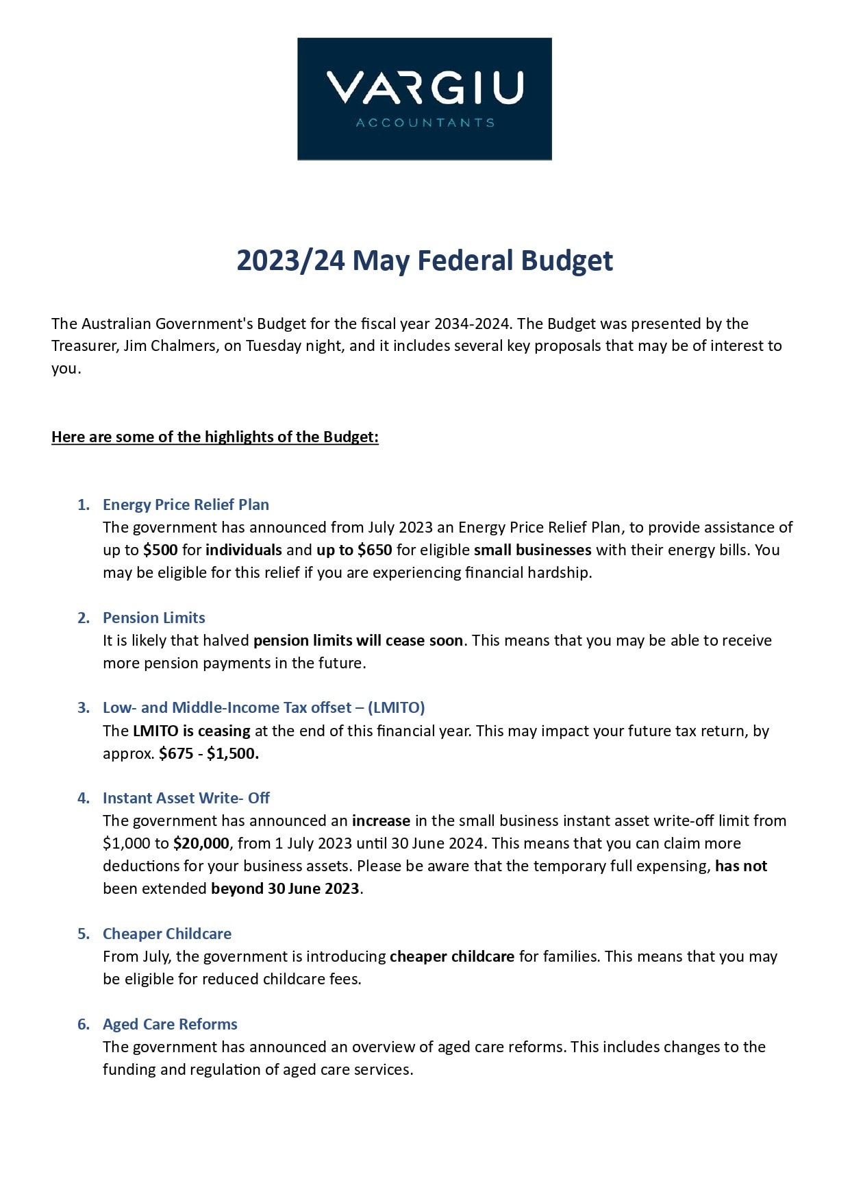 2023/24 May Federal Budget, page 1 of 2